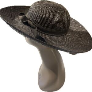 Vintage Italian Black Wide-Brimmed Straw Hat with Ribbon Bow